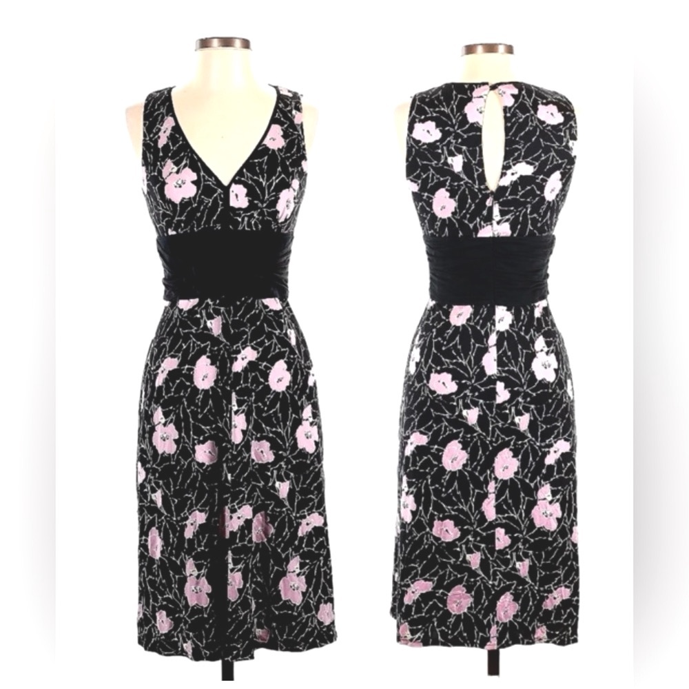 Kay Unger Black and Pink Floral Midi Dress